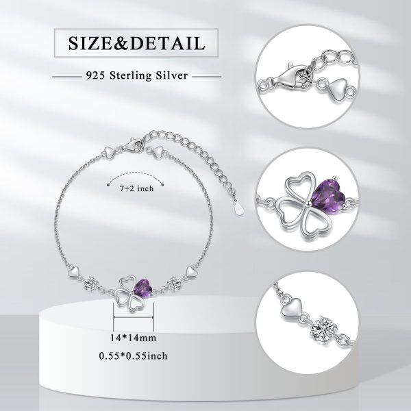 Sterling Silver Four Leaf Clover Chain Bracelets with Purple Cubic Zircon-1