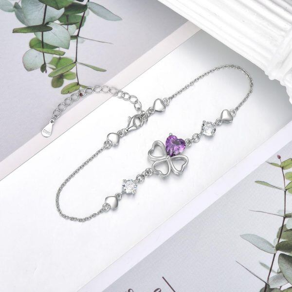 Sterling Silver Four Leaf Clover Chain Bracelets with Purple Cubic Zircon-3