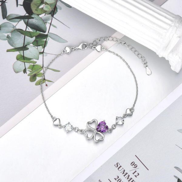 Sterling Silver Four Leaf Clover Chain Bracelets with Purple Cubic Zircon-4