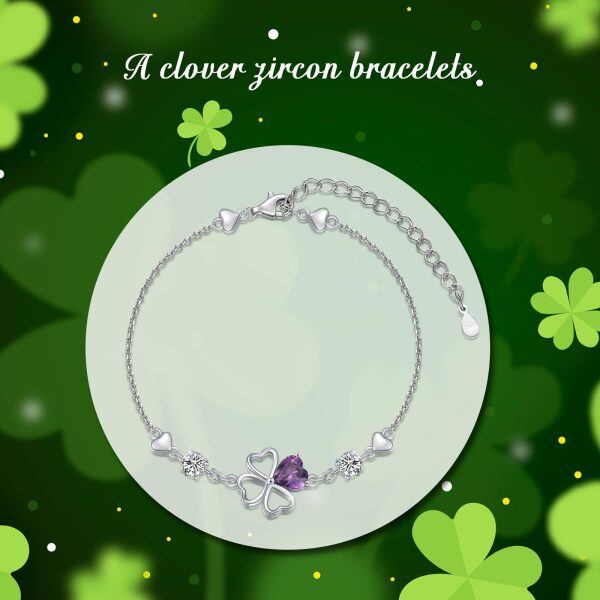 Sterling Silver Four Leaf Clover Chain Bracelets with Purple Cubic Zircon-5