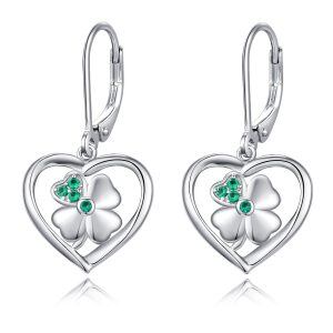 Sterling Silver Irish Four Leaf Clover Heart Shape Dangle Earrings-0