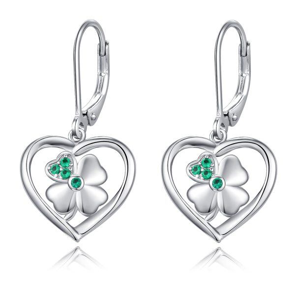 Sterling Silver Irish Four Leaf Clover Heart Shape Dangle Earrings-0