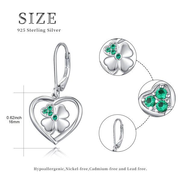 Sterling Silver Irish Four Leaf Clover Heart Shape Dangle Earrings-1