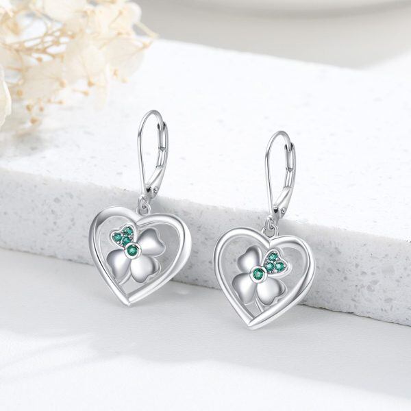 Sterling Silver Irish Four Leaf Clover Heart Shape Dangle Earrings-4