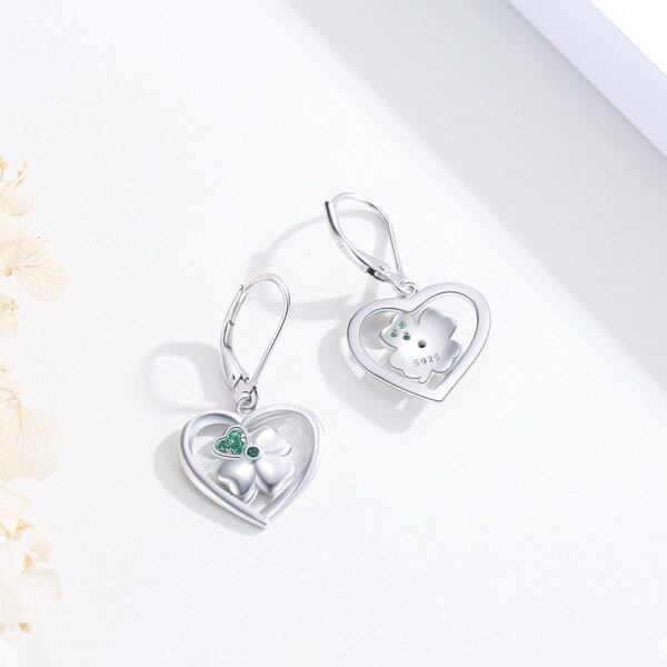 Sterling Silver Irish Four Leaf Clover Heart Shape Dangle Earrings-5