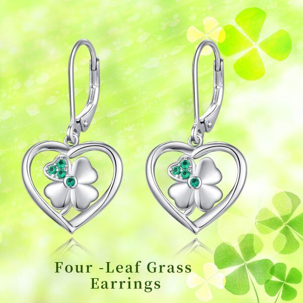 Sterling Silver Irish Four Leaf Clover Heart Shape Dangle Earrings-6