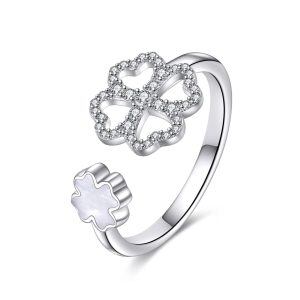 Sterling Silver Four Leaf Clover Lucky Adjustable Rings-0