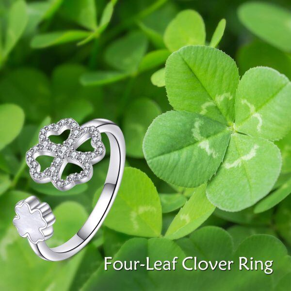 Sterling Silver Four Leaf Clover Lucky Adjustable Rings-5