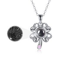 wholesale 925 Sterling Silver Clover Pendant Necklace with Black Crystal and Pink Accent for Women's Gift- Rhodium Plated