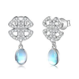 Sterling Silver Moonstone Four Leaf Clover Dangle Earrings-0