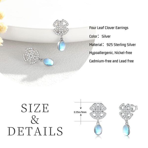 Sterling Silver Moonstone Four Leaf Clover Dangle Earrings-1