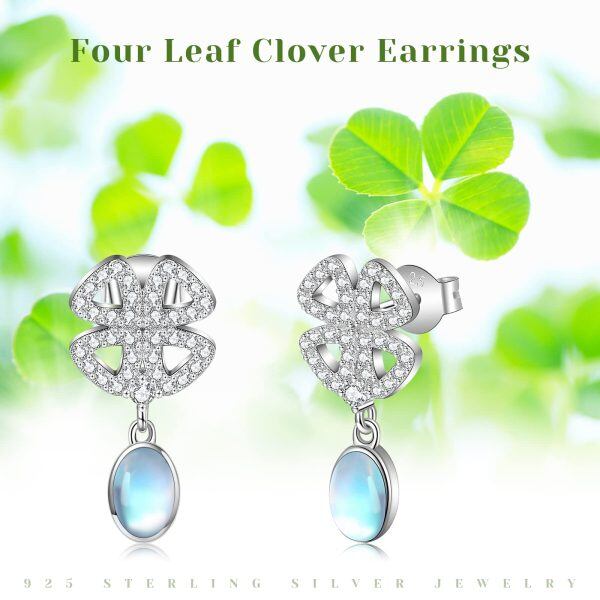 Sterling Silver Moonstone Four Leaf Clover Dangle Earrings-6