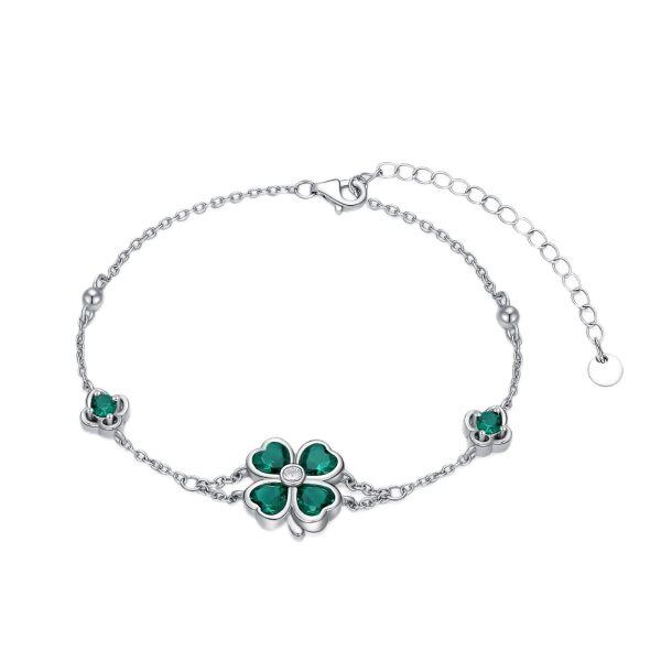 Sterling Silver Four Leaf Clover Chain Bracelets with Green Cubic Zircon-0