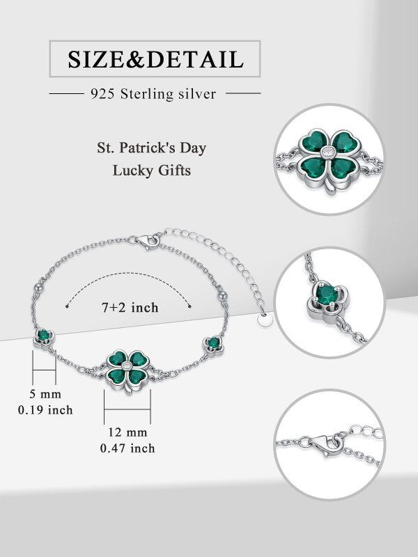 Sterling Silver Four Leaf Clover Chain Bracelets with Green Cubic Zircon-1