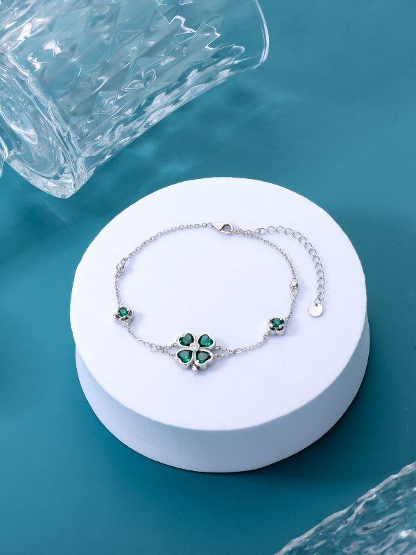 Sterling Silver Four Leaf Clover Chain Bracelets with Green Cubic Zircon-3