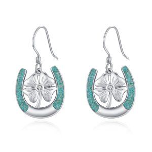 Sterling Silver Turquoise Horseshoe Dangle Earrings with Four Leaf Clover-0