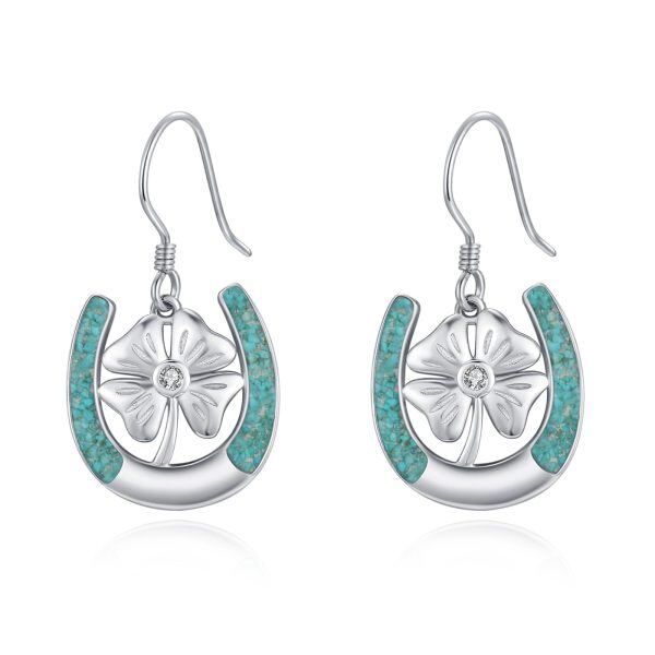 Sterling Silver Turquoise Horseshoe Dangle Earrings with Four Leaf Clover-0