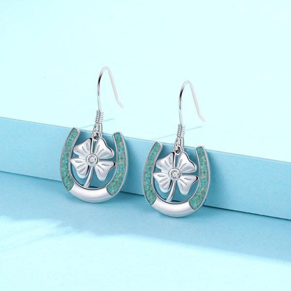 Sterling Silver Turquoise Horseshoe Dangle Earrings with Four Leaf Clover-4