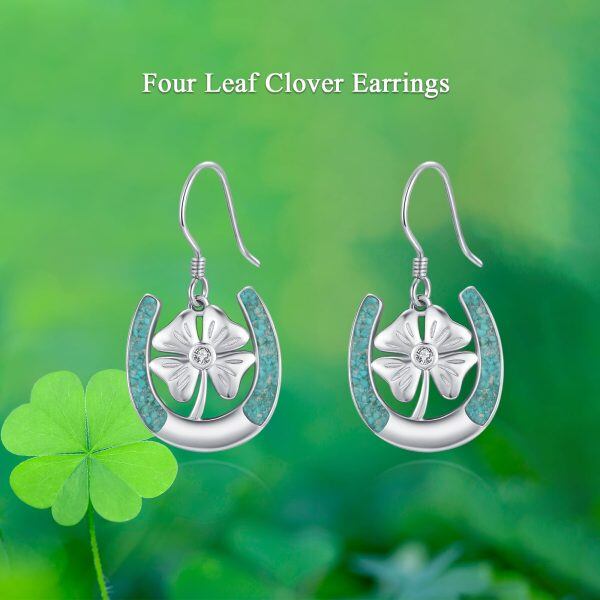 Sterling Silver Turquoise Horseshoe Dangle Earrings with Four Leaf Clover-5