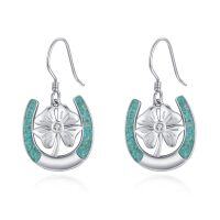 wholesale 925 Sterling Silver Horseshoe & Turquoise 4-Leaf Clover Dangle Earrings for Women's Gifts- Rhodium Plated