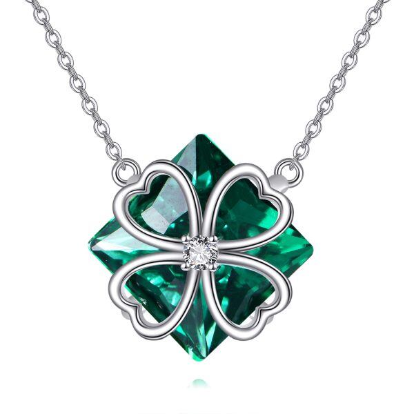 Sterling Silver Green Crystal Four Leaf Clover Pendant Necklace-0