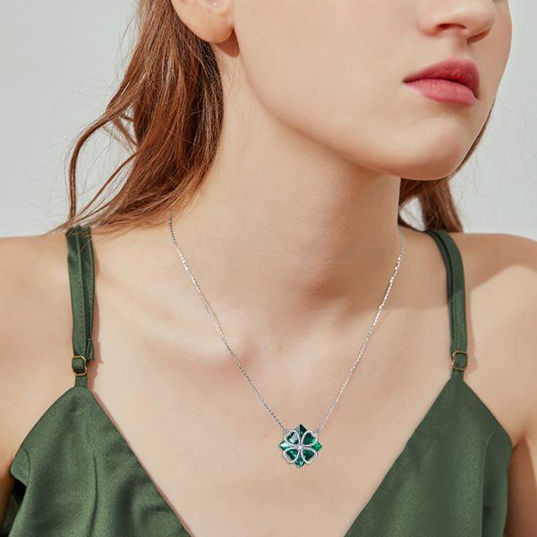 Sterling Silver Green Crystal Four Leaf Clover Pendant Necklace-2