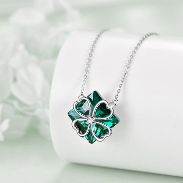 Sterling Silver Green Crystal Four Leaf Clover Pendant Necklace-3