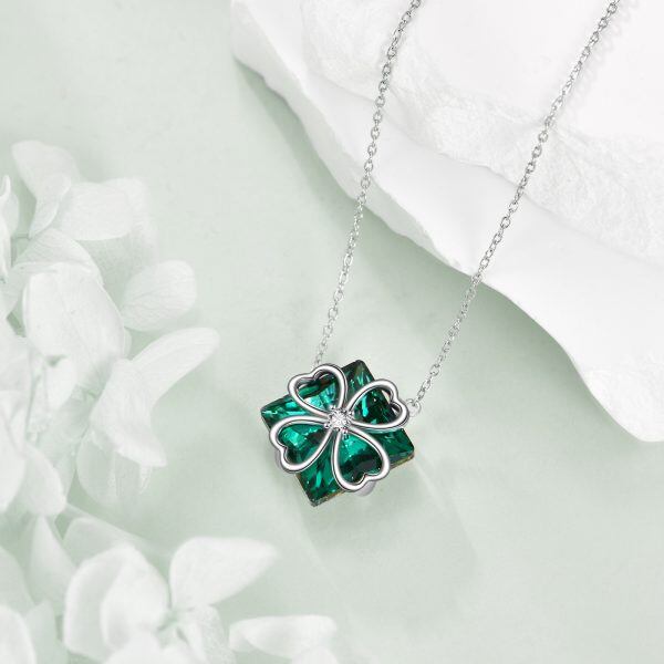 Sterling Silver Green Crystal Four Leaf Clover Pendant Necklace-4