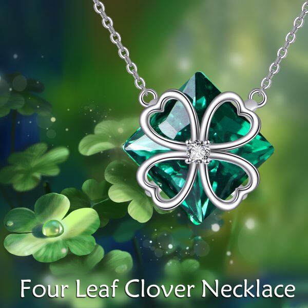 Sterling Silver Green Crystal Four Leaf Clover Pendant Necklace-5