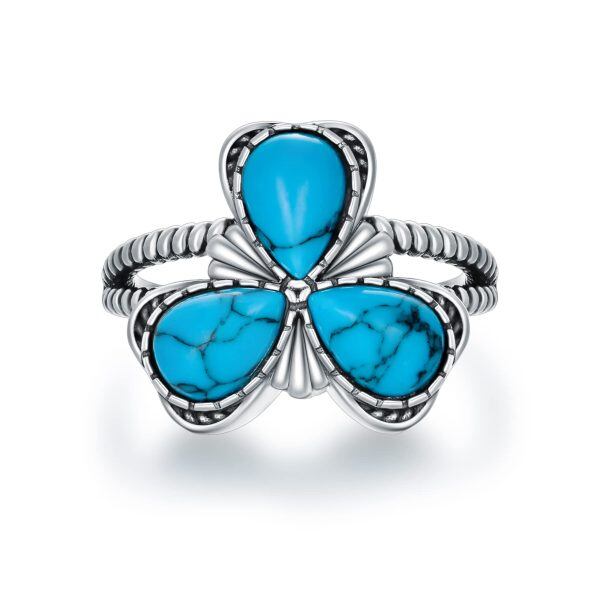 Sterling Silver Oxidized Turquoise Shamrock Ring-0