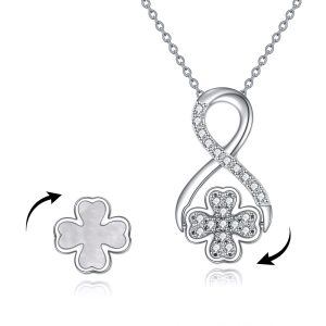 Sterling Silver White Shell Four Leaf Clover Infinity Pendant Necklace-0