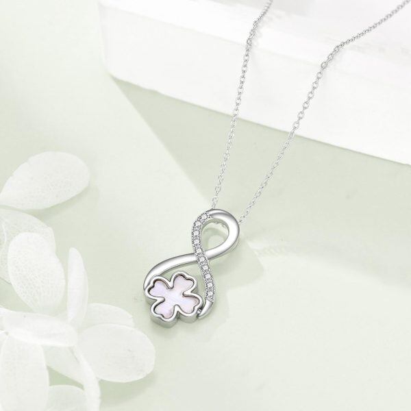 Sterling Silver White Shell Four Leaf Clover Infinity Pendant Necklace-4