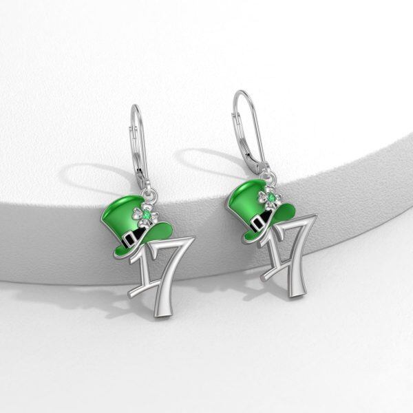 Sterling Silver St Patrick's Day Dangle Earrings with Four Leaf Clover-1