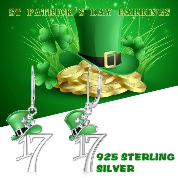 Sterling Silver St Patrick's Day Dangle Earrings with Four Leaf Clover-2