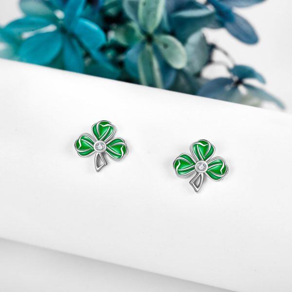 Sterling Silver Enamel Shamrock Stud Earrings-3