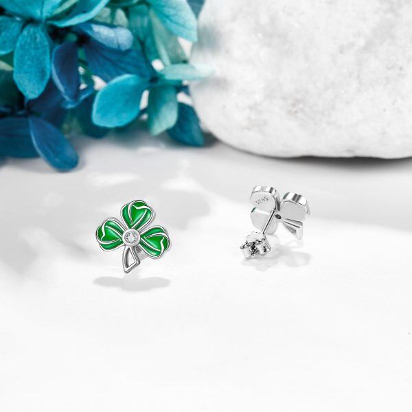 Sterling Silver Enamel Shamrock Stud Earrings-4