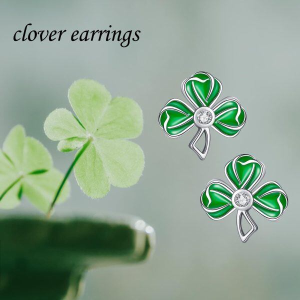 Sterling Silver Enamel Shamrock Stud Earrings-5