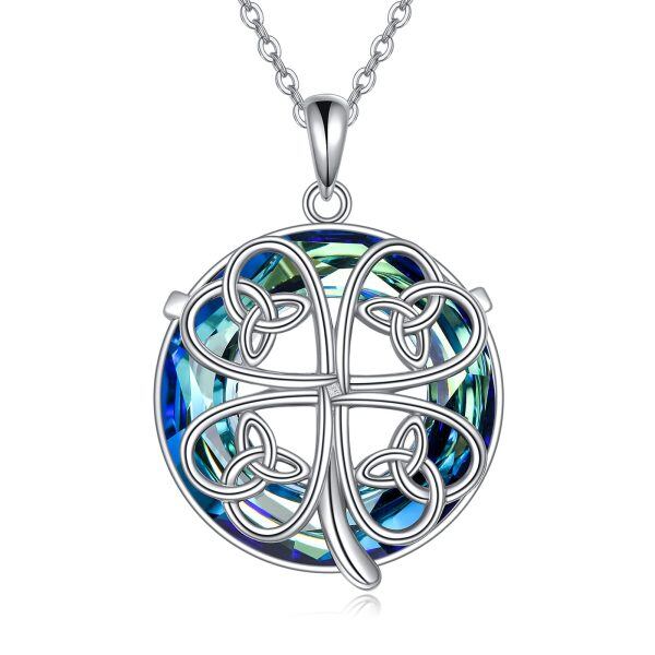 Sterling Silver Celtic Knot Four Leaf Clover Pendant Necklace with Crystal Circle-0