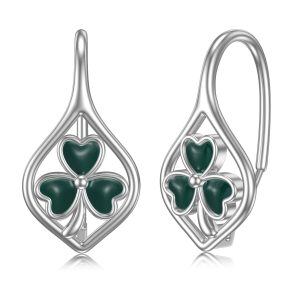 Sterling Silver Green Enamel Four Leaf Clover Huggie Earrings-0