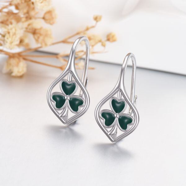 Sterling Silver Green Enamel Four Leaf Clover Huggie Earrings-3