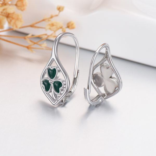 Sterling Silver Green Enamel Four Leaf Clover Huggie Earrings-4