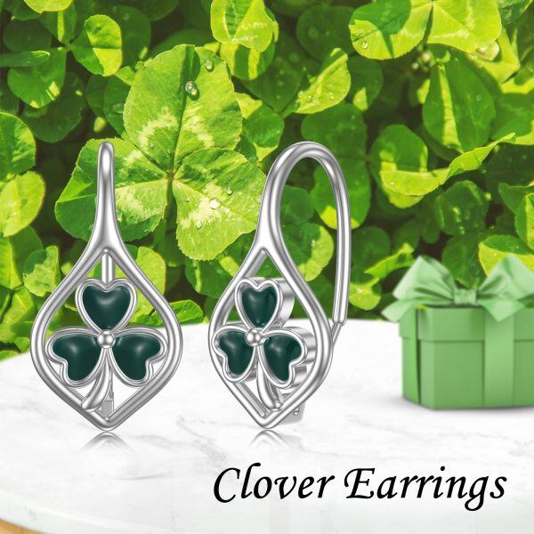 Sterling Silver Green Enamel Four Leaf Clover Huggie Earrings-5