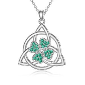 Sterling Silver Four Leaf Clover Triangle Trinity Knot Pendant Necklace-0