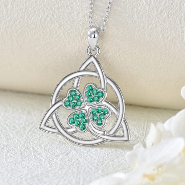 Sterling Silver Four Leaf Clover Triangle Trinity Knot Pendant Necklace-3