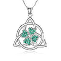 wholesale 925 Sterling Silver Emerald Green Stone Triquetra Trinity Knot Shamrock Pendant Necklace- Rhodium Plated
