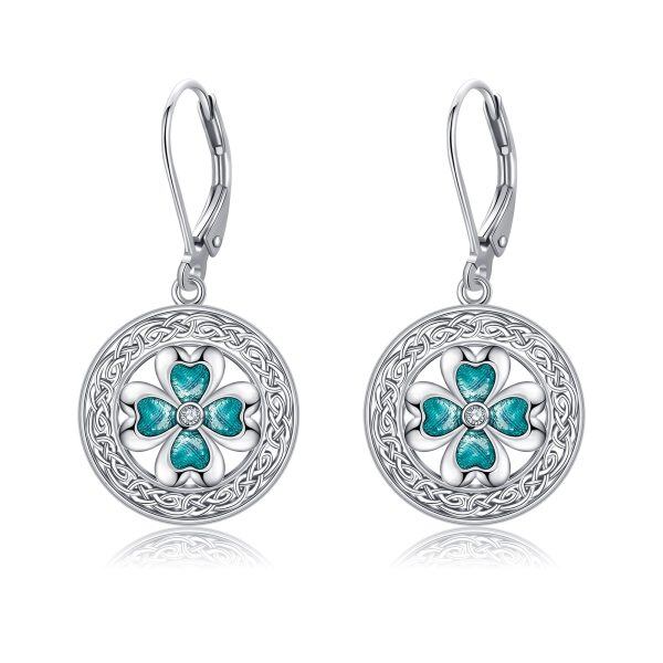 Sterling Silver Hollow Celtic Knot Four Leaf Clover Dangle Earrings-0