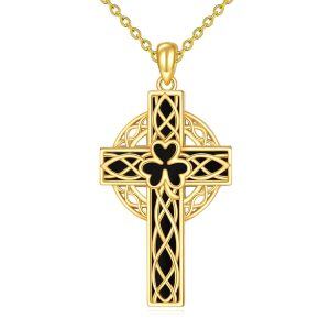 Sterling Silver Celtic Knot Onyx Cross Pendant Necklace with Four Leaf Clover-0