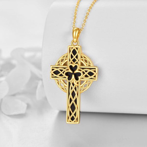 Sterling Silver Celtic Knot Onyx Cross Pendant Necklace with Four Leaf Clover-3