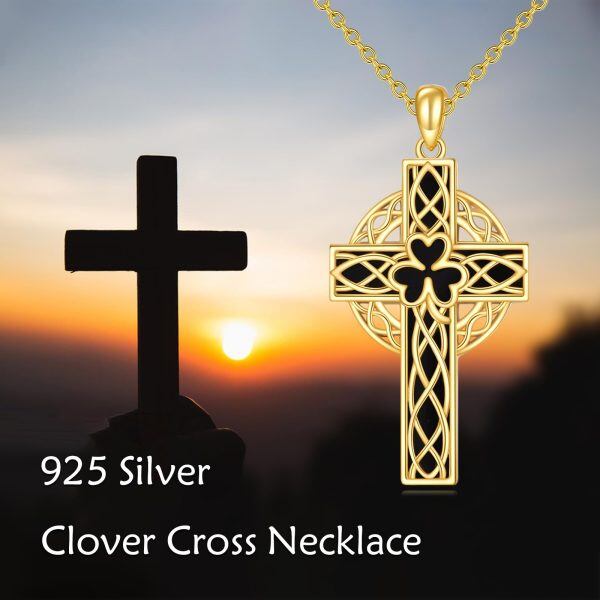 Sterling Silver Celtic Knot Onyx Cross Pendant Necklace with Four Leaf Clover-5