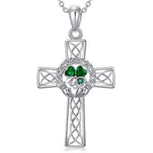 Sterling Silver Celtic Knot Cross Four Leaf Clover Pendant Necklace-0